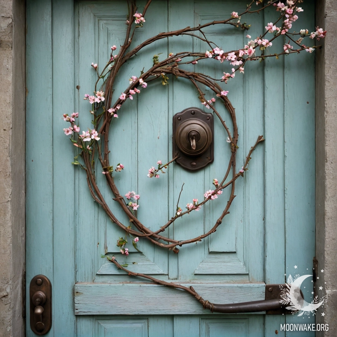 Старая дверь, украшенная веточками и цветами на ручке.