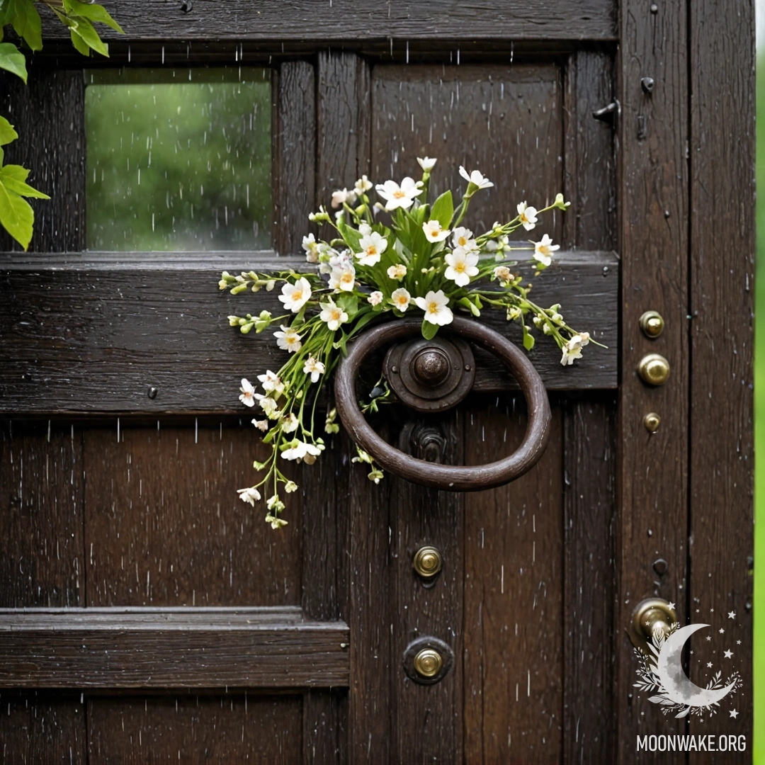 Потертая дверь, украшенная веточками с цветами на ручке, сверкающая под дождем.
