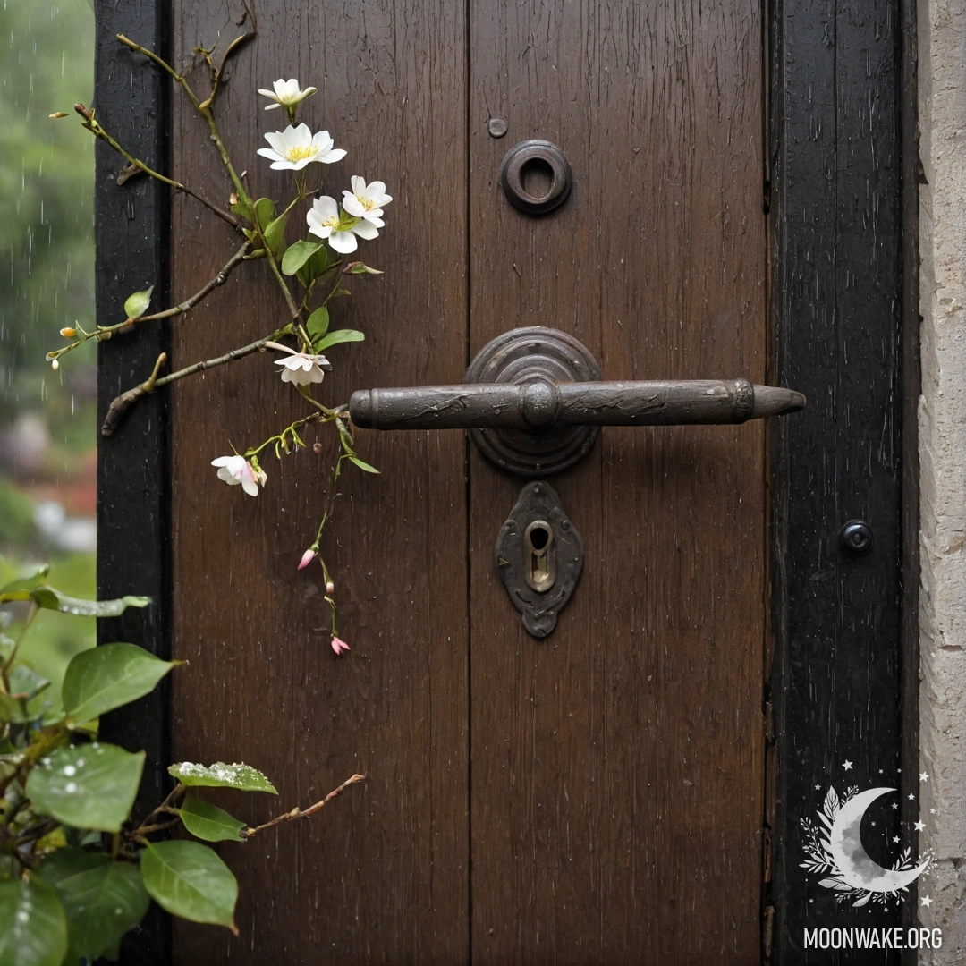 Старинная дверь, украшенная веточками и цветами, нежно падает дождь.