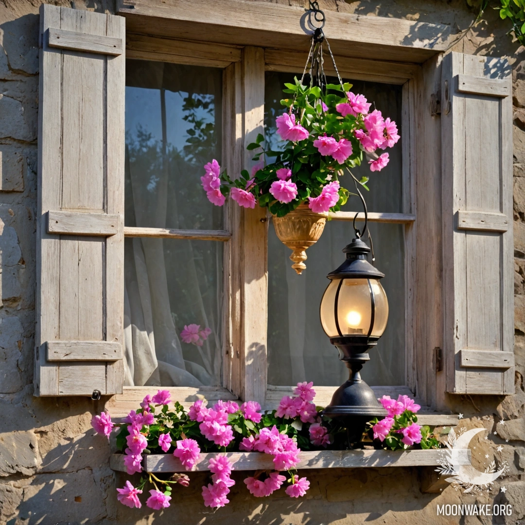 Старое деревянное окно, укрытое веткой с розовыми цветами и подвешенной керосиновой лампой.