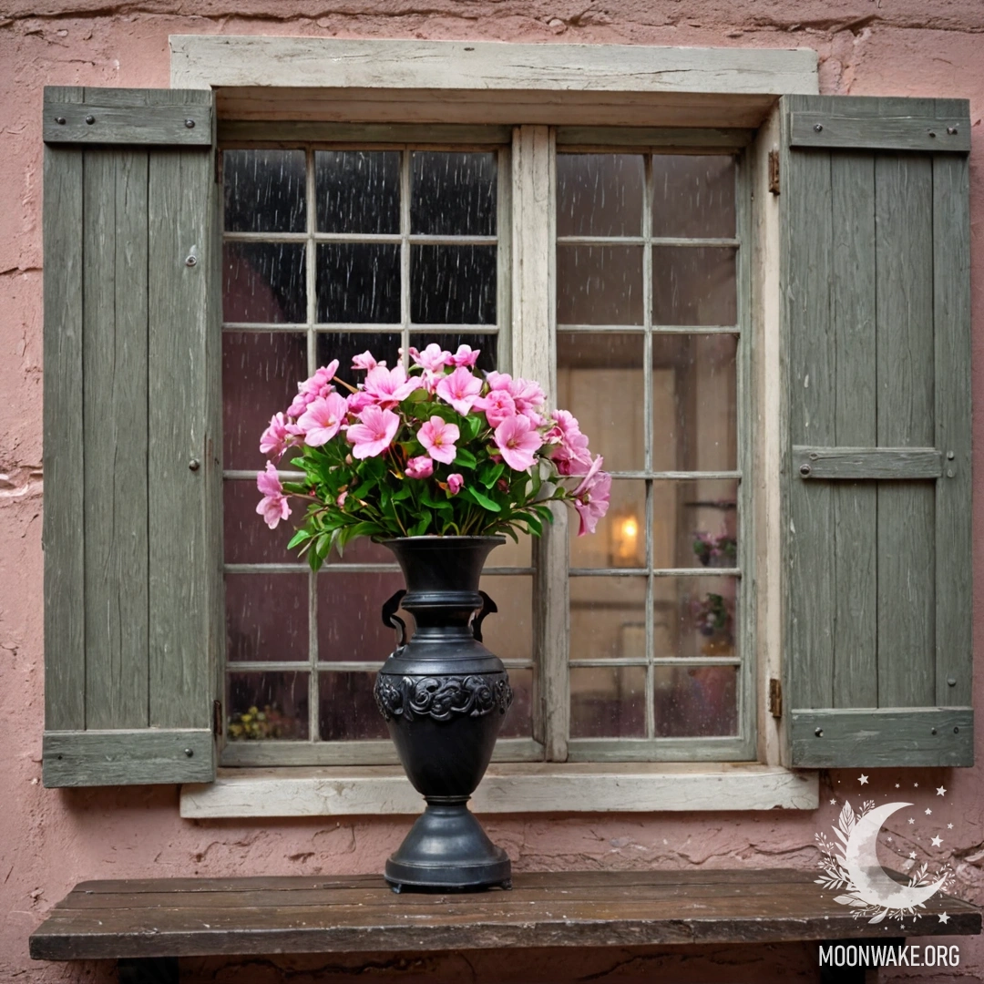 Старинное деревянное окно с ставнями, керосиновая лампа над ним и ветка розовых цветов, обвивающая окно под дождем.