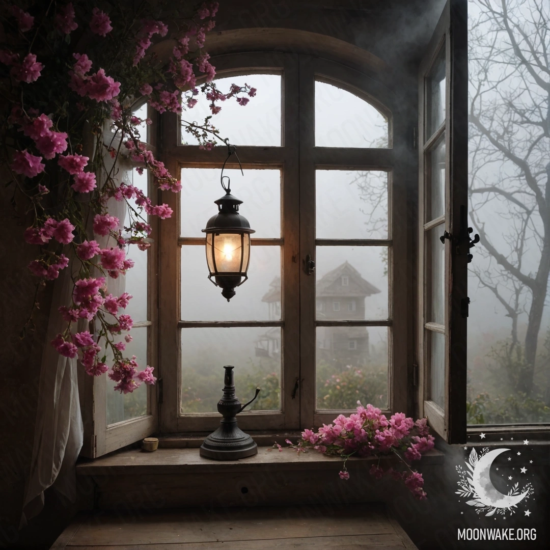 Деревянное окно с рамами и керосиновой лампой над ним, обвито розовыми цветами в тумане.