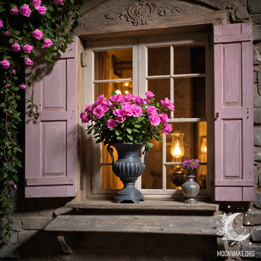 Старое деревянное окно с ставнями, украшенное розовыми цветами.