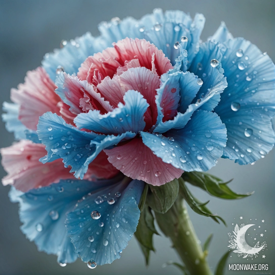 Красивая гвоздика небесно-голубого цвета, украшенная росинками и стразами, излучающая романтическую атмосферу.