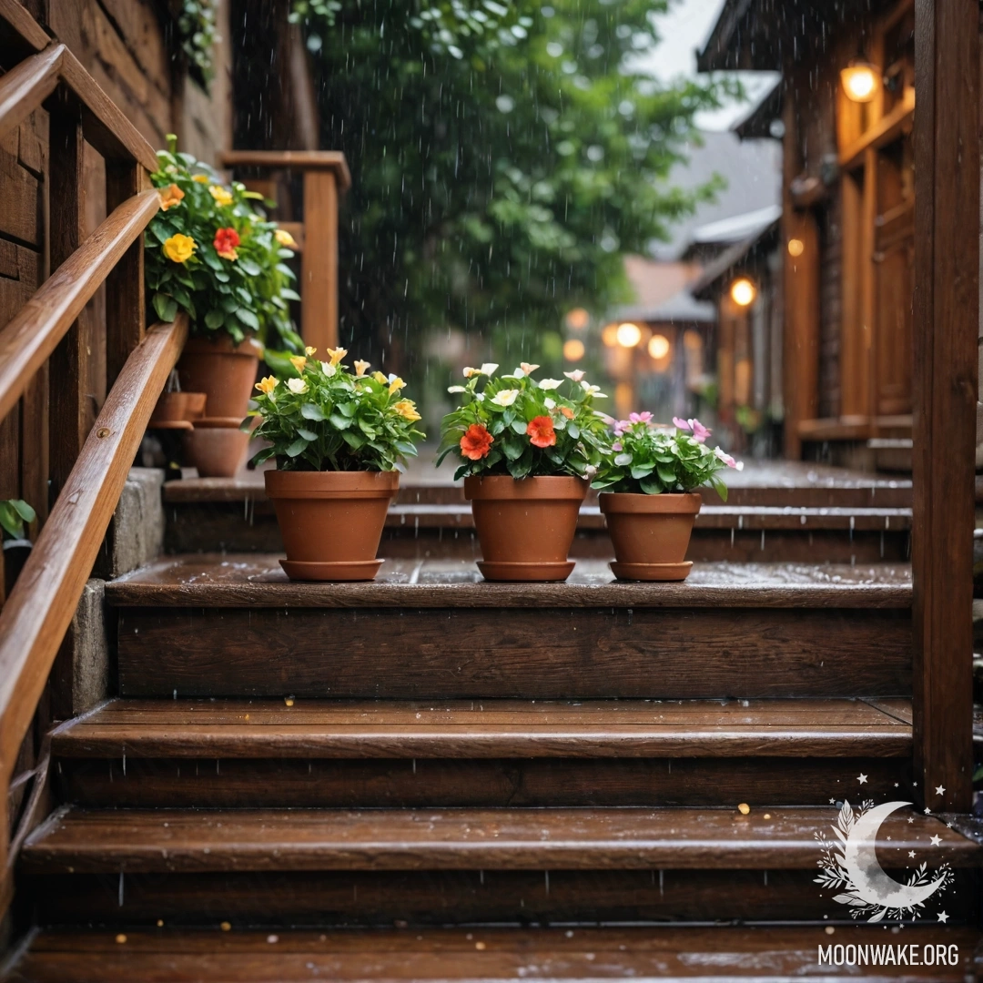 Деревянная лестница, украшенная цветочными горшками, промокшими под дождем.