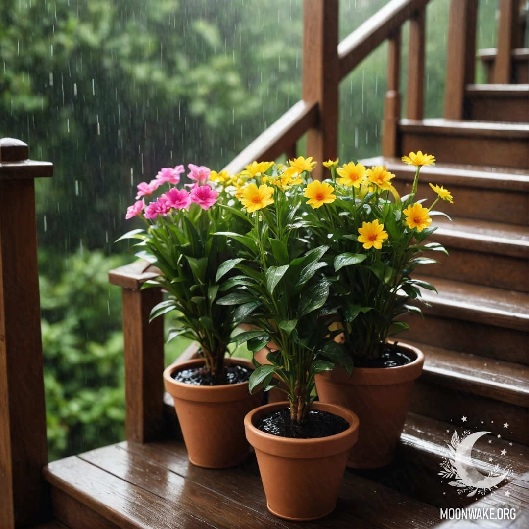 Деревянная лестница, украшенная цветочными горшками под нежным дождем.