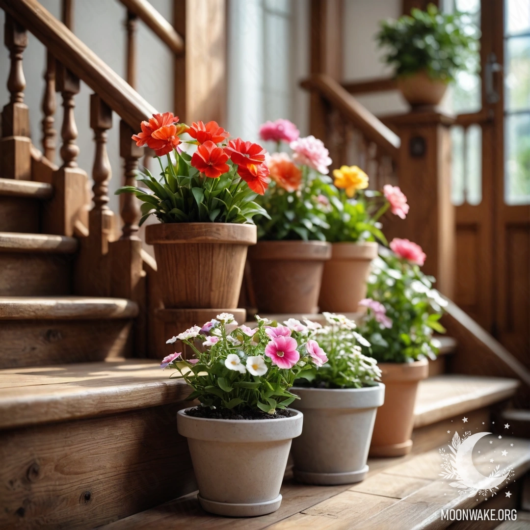 Деревянная лестница, украшенная цветочными горшками с пышной зеленью.