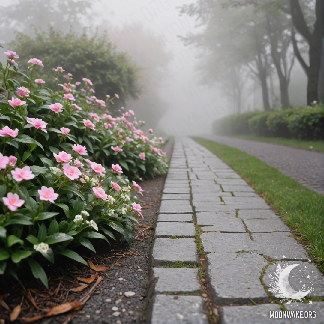 Старый каменный бордюр, за которым растут маленькие белые и розовые цветы, в густом тумане.