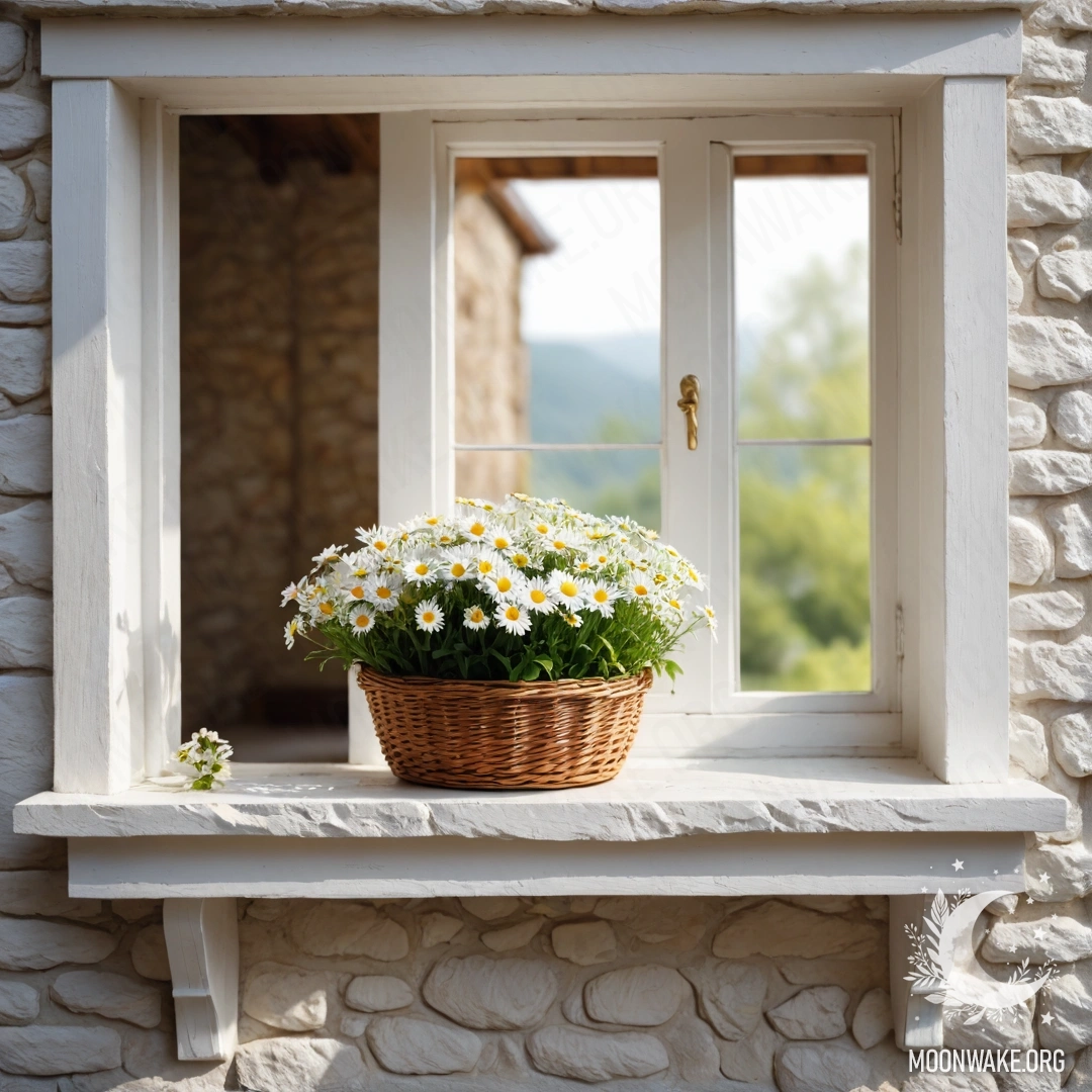 Романтичная белая каменная стена с открытым окном и корзиной с ромашками на подоконнике, украшенной гирляндой светов.