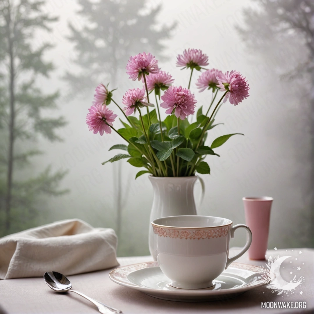 Круглая соломенная салфетка, украшенная фарфоровыми чашками с розовым узором и клевером в белом вазе, окруженная густым туманом.