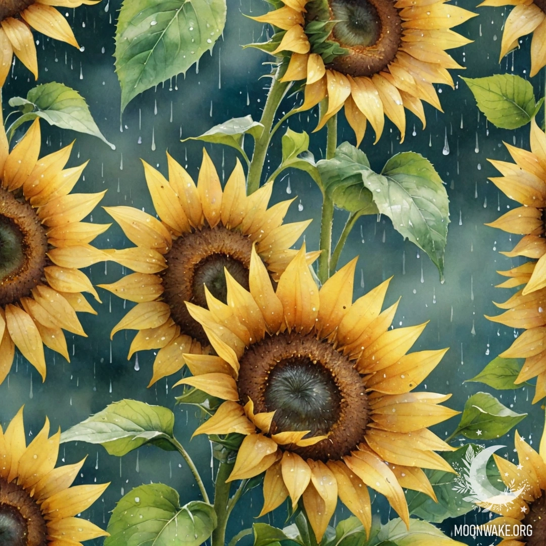 Акварельная картина с романтическими подсолнухами, окропленными дождем, и узорами зеленовато-голубого цвета.