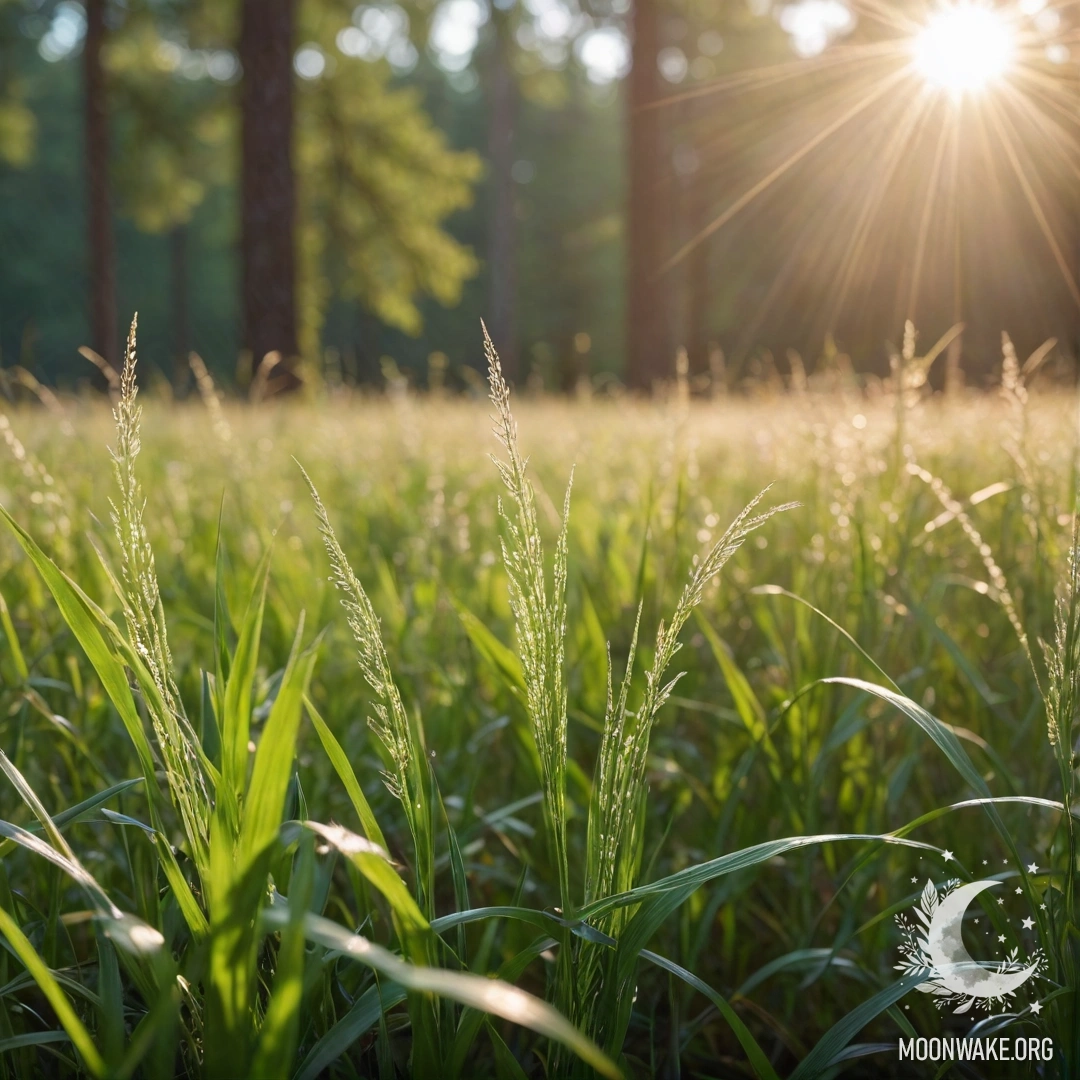 Крупный план романтической травы в солнечном поле на фоне размытых лесных пейзажей.
