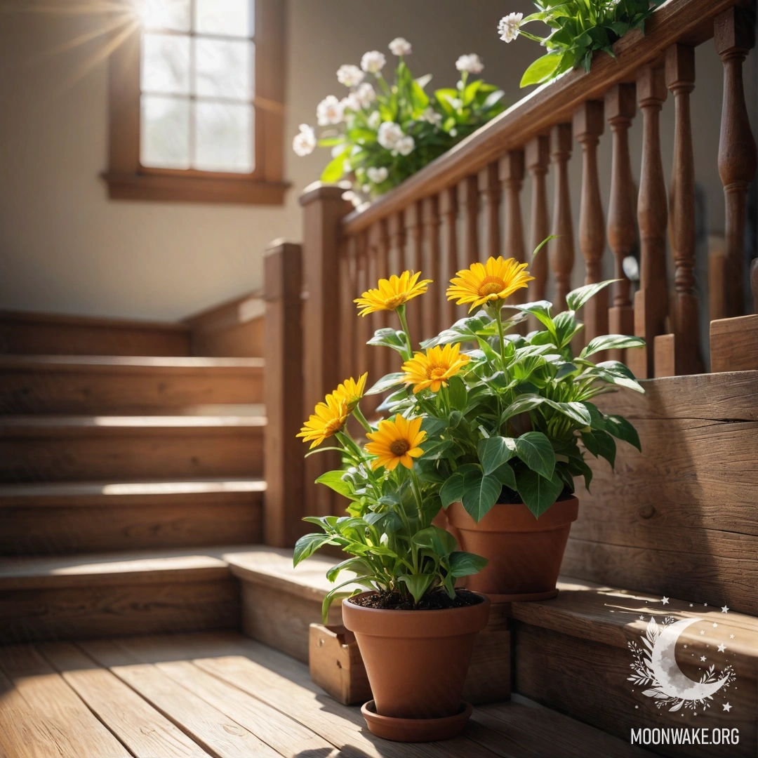 Деревянная лестница, украшенная цветочными горшками, освещенная солнечными лучами.