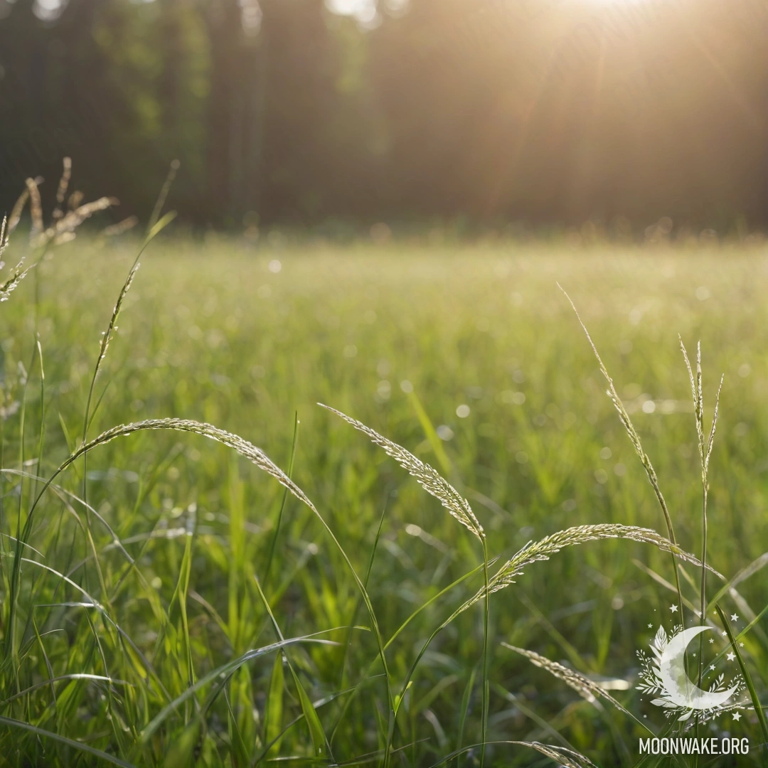 Крупный план травы на романтичном поле с размытым фоном леса в солнечный день.