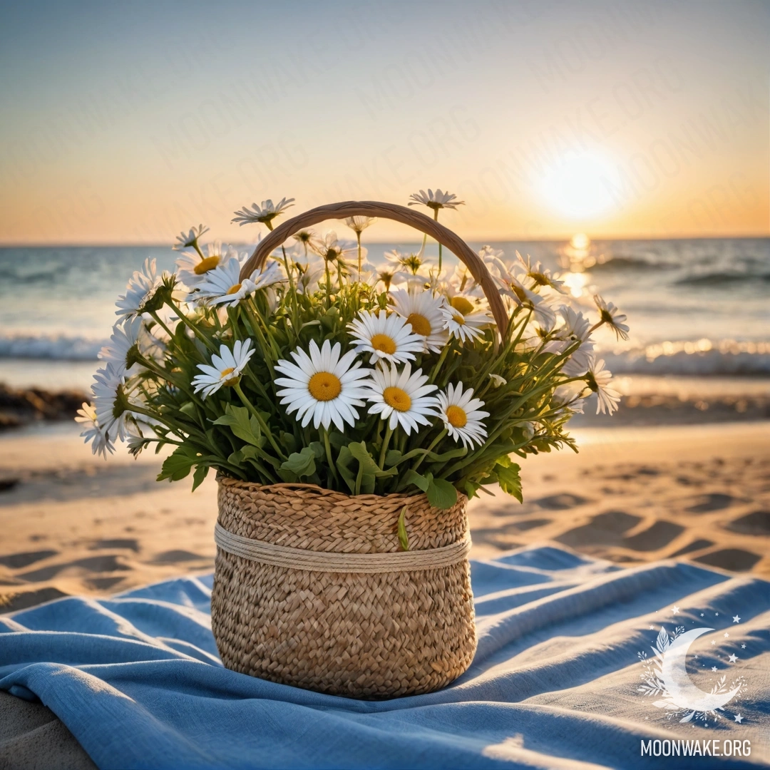 Соломенная сумка с голубой скатертью и букетом ромашек на песчаном пляже на закате.