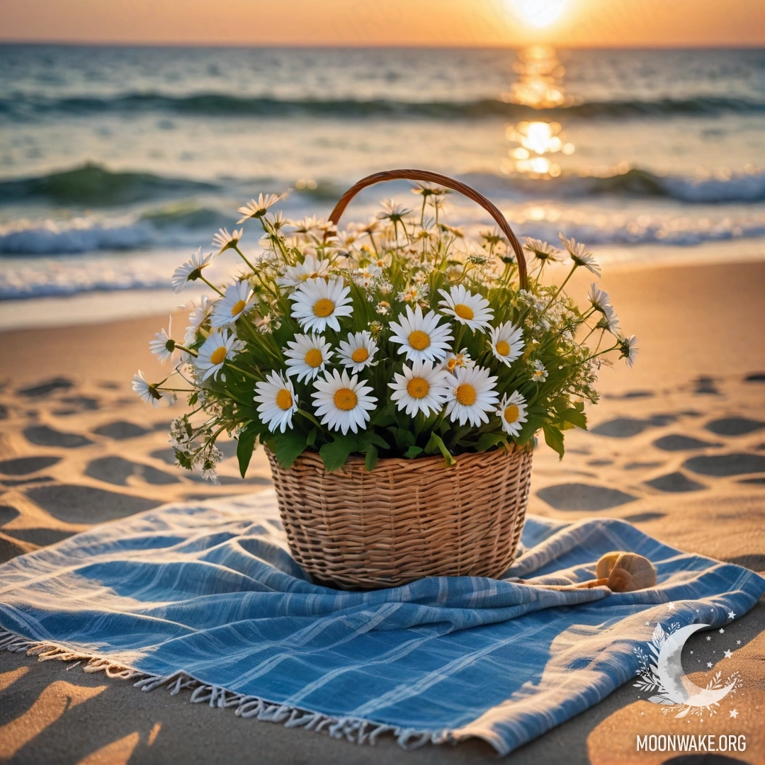 Соломенная сумка с голубой скатертью и букетом ромашек на песчаном пляже на закате, на фоне моря и солнечных лучей.