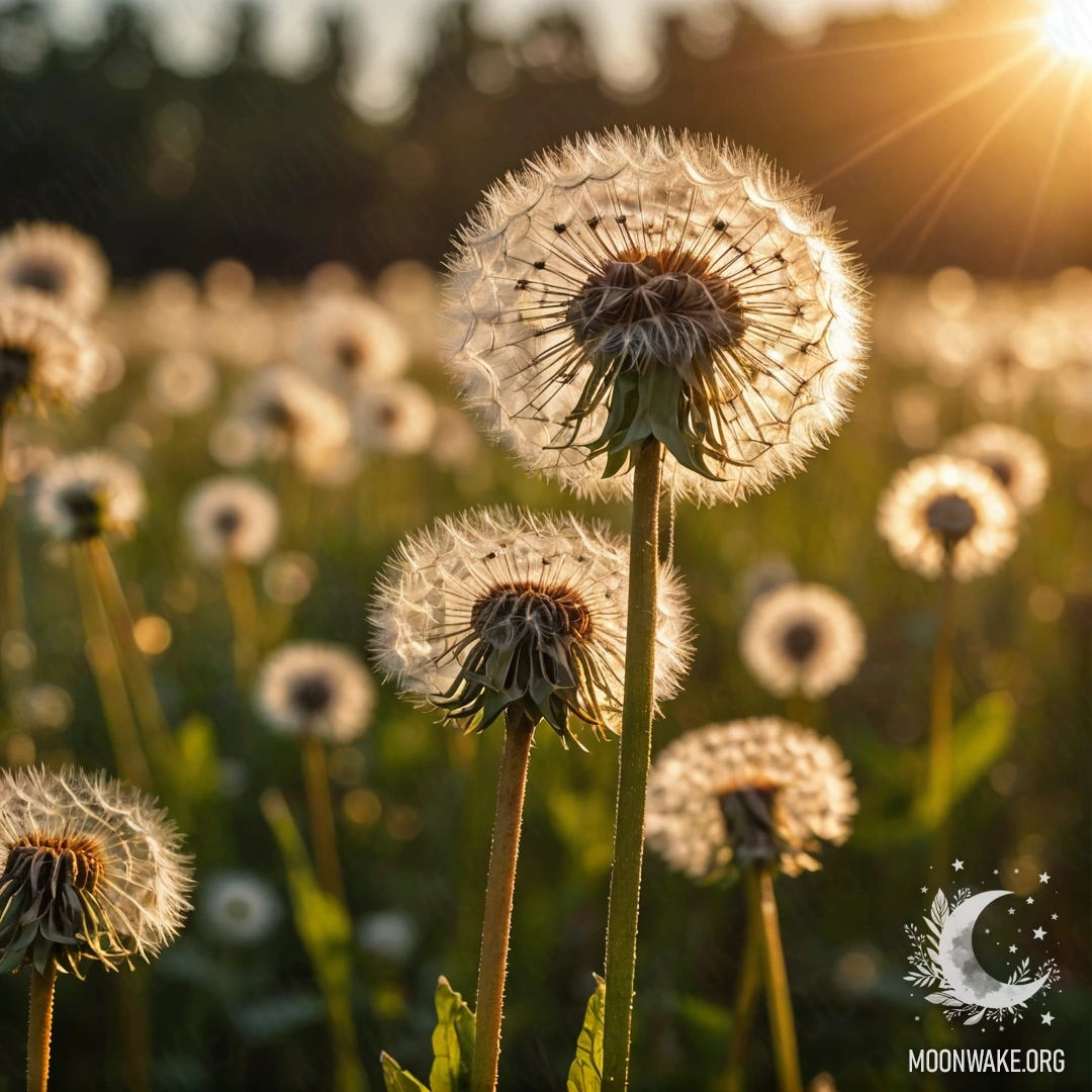 Крупный план одуванчиков в романтическом поле на закате с размытым фоном и солнечными лучами.