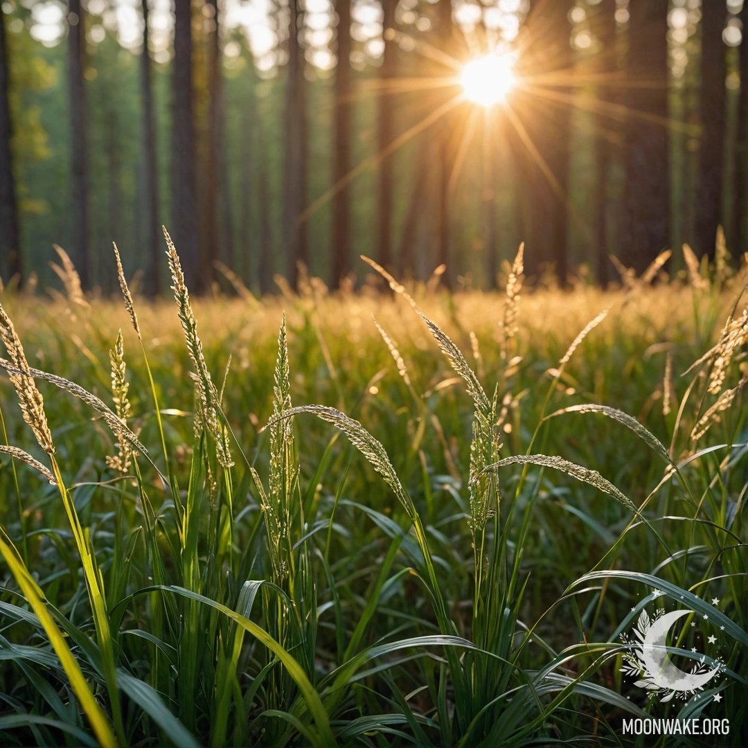 Крупный план травы на поле, освещенной солнечными лучами на закате, с размытым лесом на заднем плане.