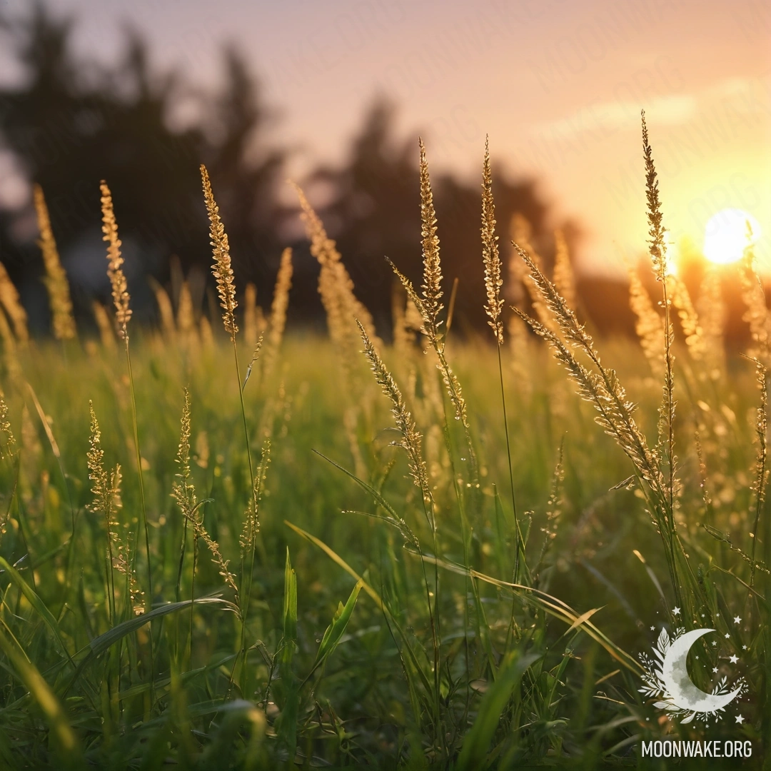 Крупный план травы на романтическом поле с боке заката.