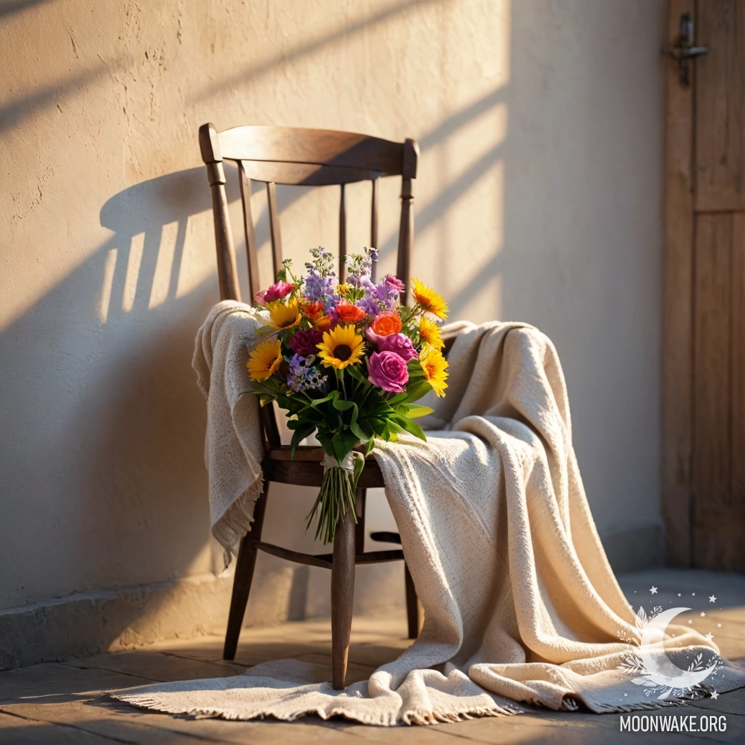 Старинный стул, накрытый пледом, с букетом цветов на фоне обветшалой стены на закате.