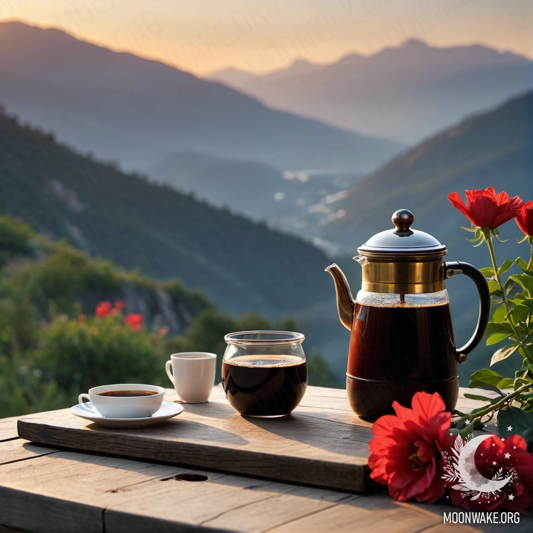 Абстрактный деревянный стол с банкой красных цветов, кофейником и чашками на фоне заката в горах.