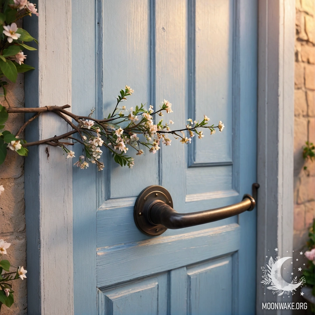 Поцарапанная дверь с веточками и цветами на ручке на фоне заката.