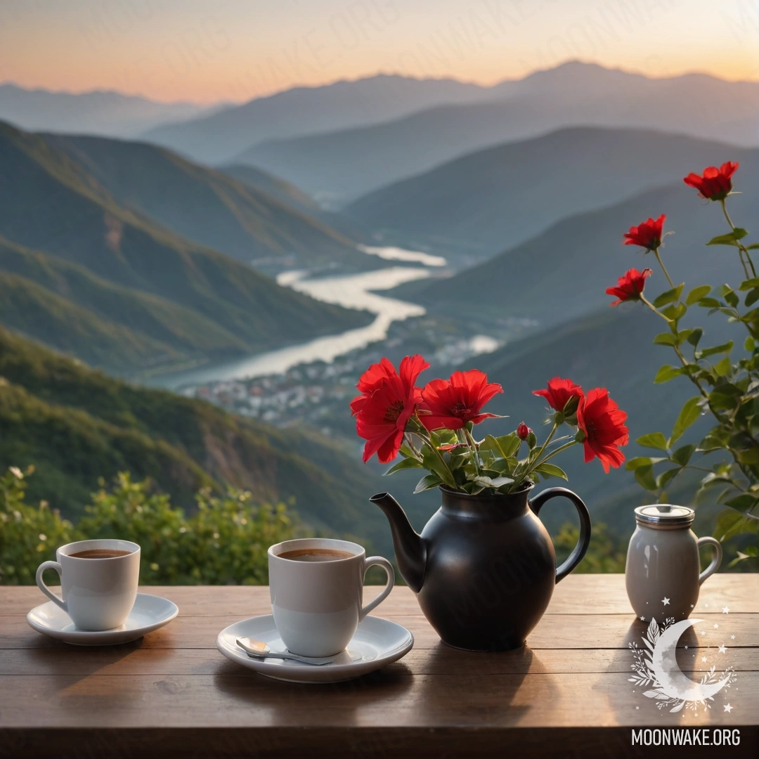 Минималистичный деревянный стол, на котором стоит банка с красными цветами, кофейник и чашки, на фоне гор в момент заката.