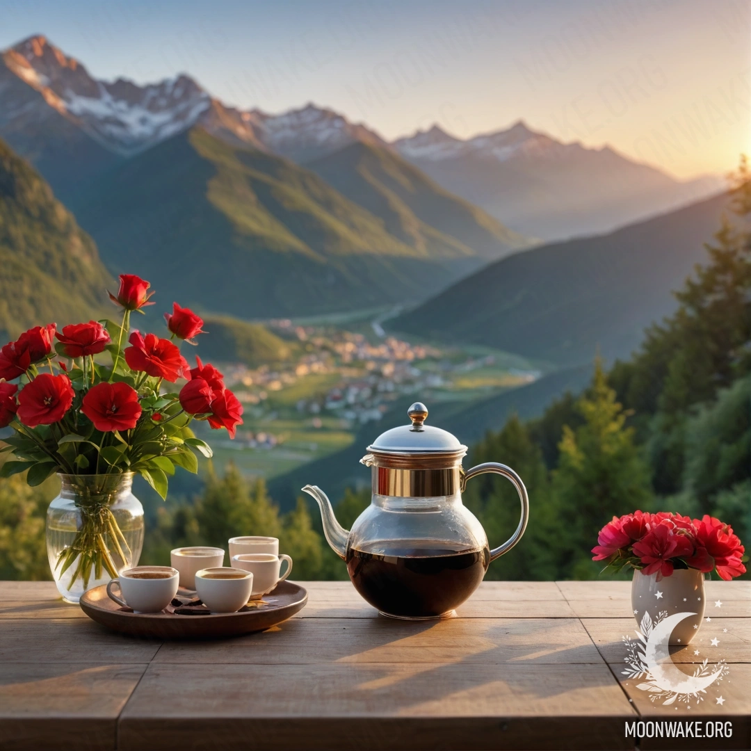 Красивый деревянный стол с банкой красных цветов, кофейником и чашками на фоне гор при закате.