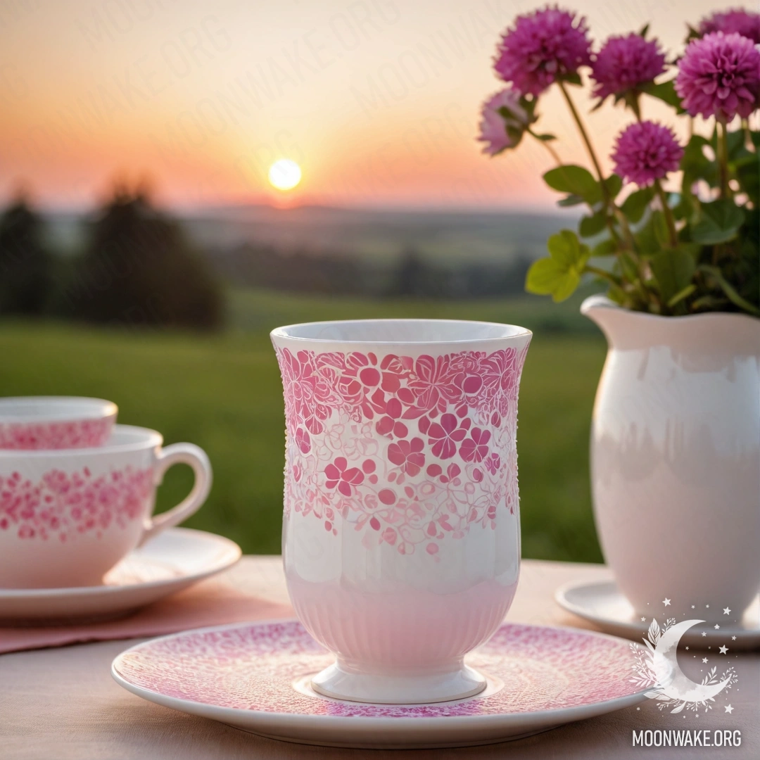 Романтическая композиция с круглой соломенной салфеткой, белыми фарфоровыми чашками с розовым узором и клевером в вазе на фоне заката.