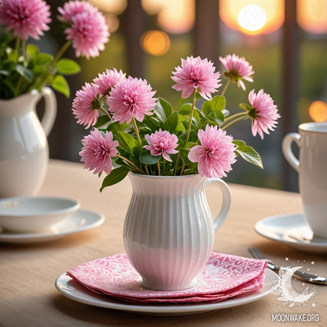 Романтичная чайная встреча, состоящая из белых фарфоровых чашек с розовым узором на круглой соломенной салфетке, рядом с белым вазоном с клевером на закате.