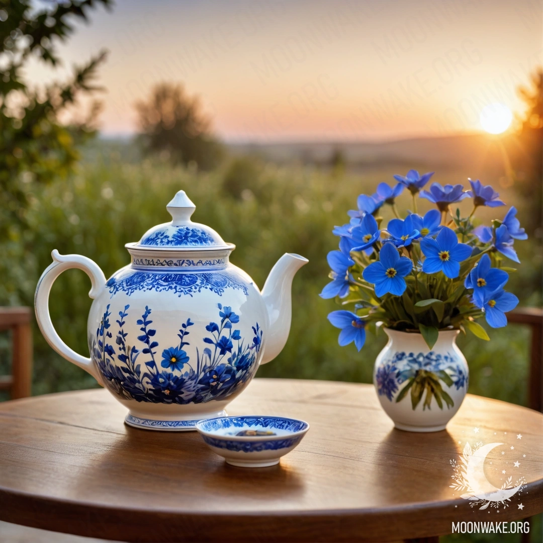 Круглый деревянный стол с фарфоровым чайником, наполненным голубыми цветами на закате.