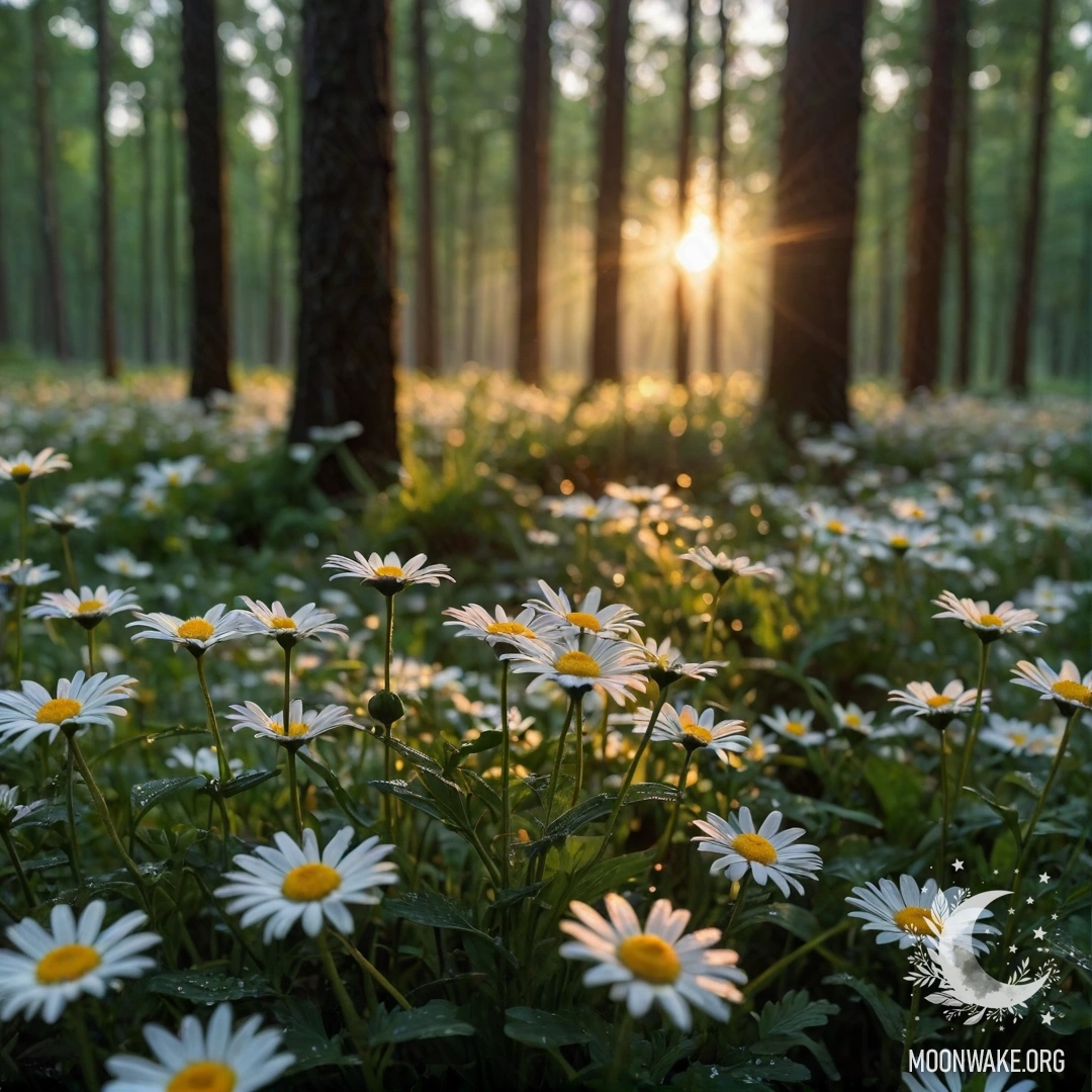 Крупный план ромашек под дождём с закатным светом, пробивающимся сквозь деревья