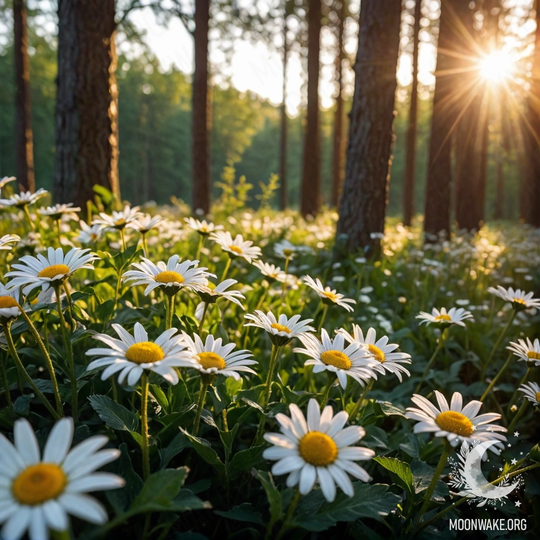 Крупный план ромашек с гирляндой света в лесу на закате.