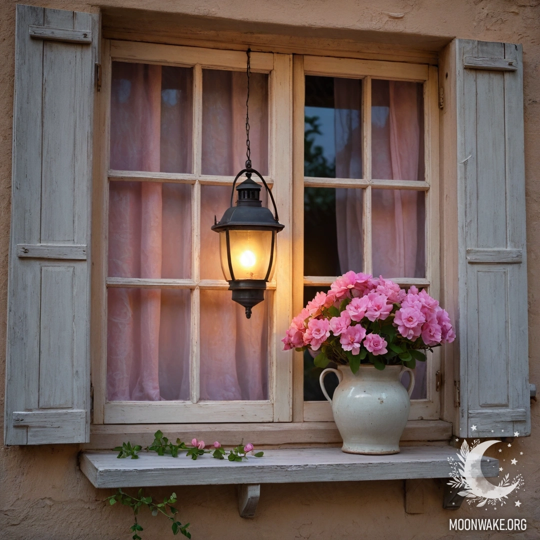 Старинное деревянное окно с розовыми цветами и керосиновой лампой над ним на закате.