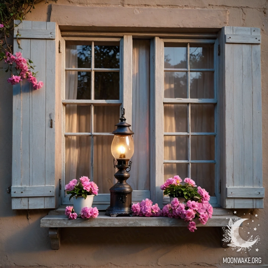 Старое деревянное окно с ставнями, украшенное розовыми цветами, под керосиновой лампой.
