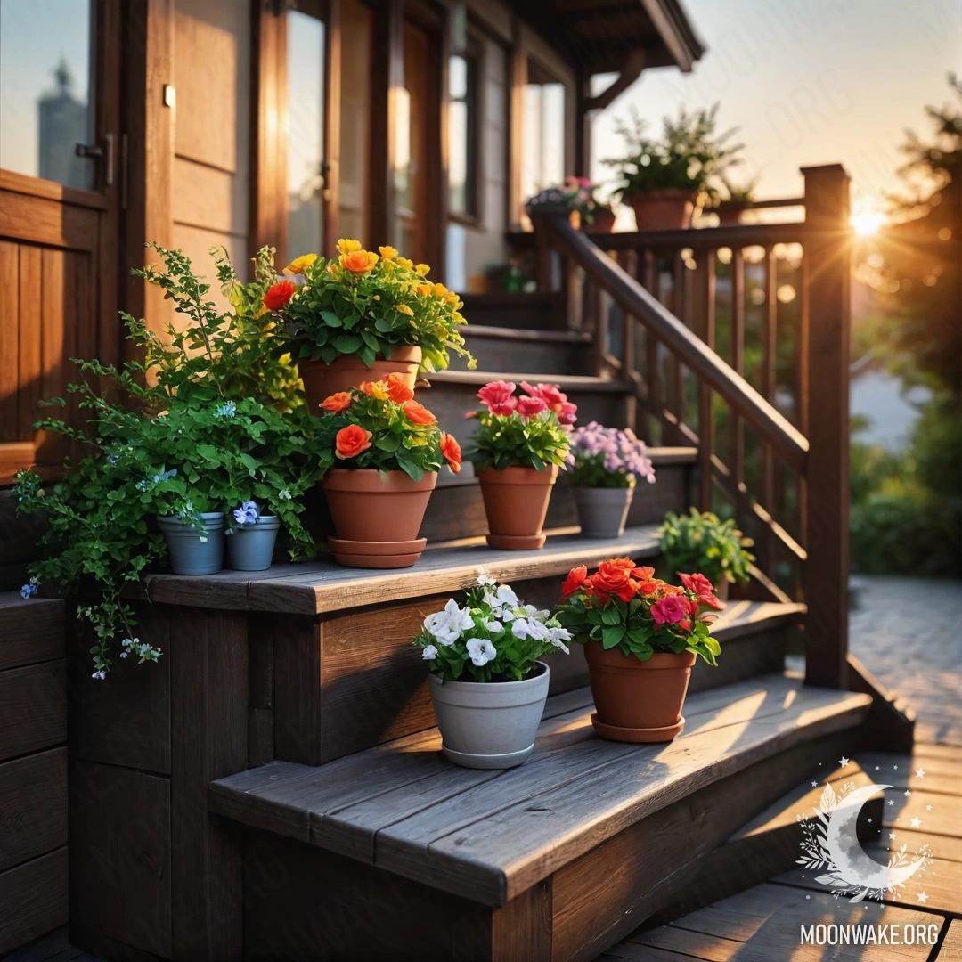 Деревянная лестница, украшенная цветочными горшками на закате.