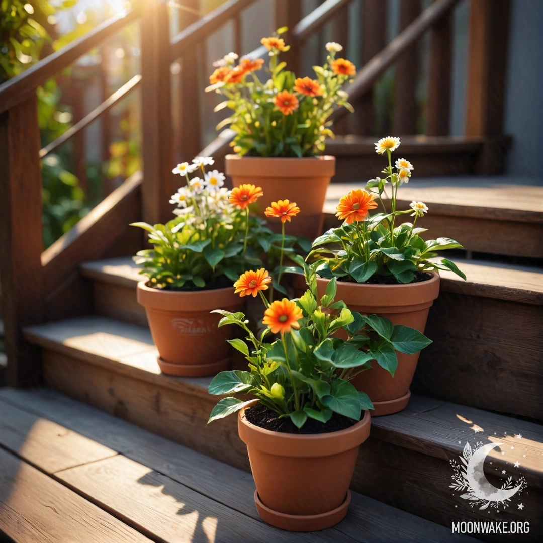Фотореалистичное изображение деревянной лестницы, украшенной цветочными горшками на закате.