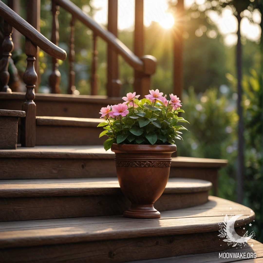 Фотореалистичный сценический образ цветочных горшков на деревянной лестнице на закате.