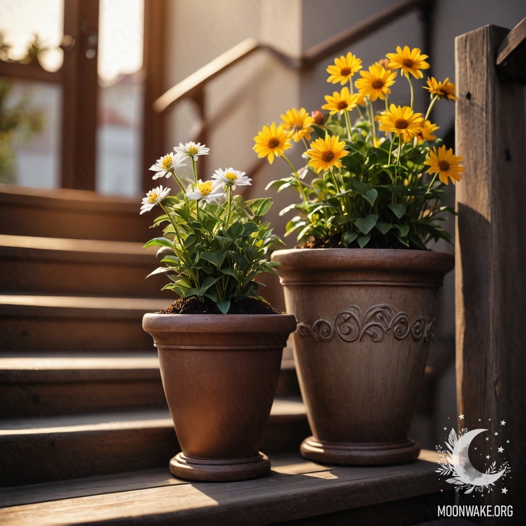 Деревянная лестница, украшенная цветочными горшками на закате.