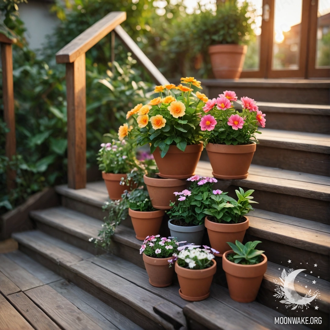 Деревянная лестница, украшенная цветочными горшками, освещенная закатом.