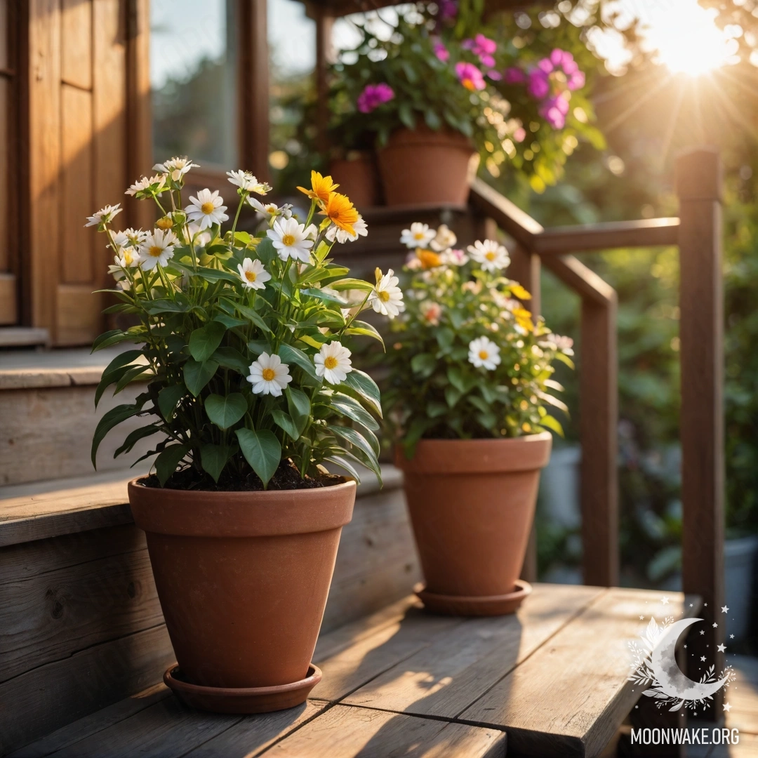 Деревянная лестница, украшенная цветочными горшками на закате, вызывающая романтические чувства.
