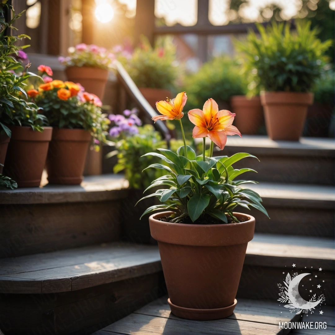 Деревянная лестница, украшенная горшками с цветами, на фоне заката.