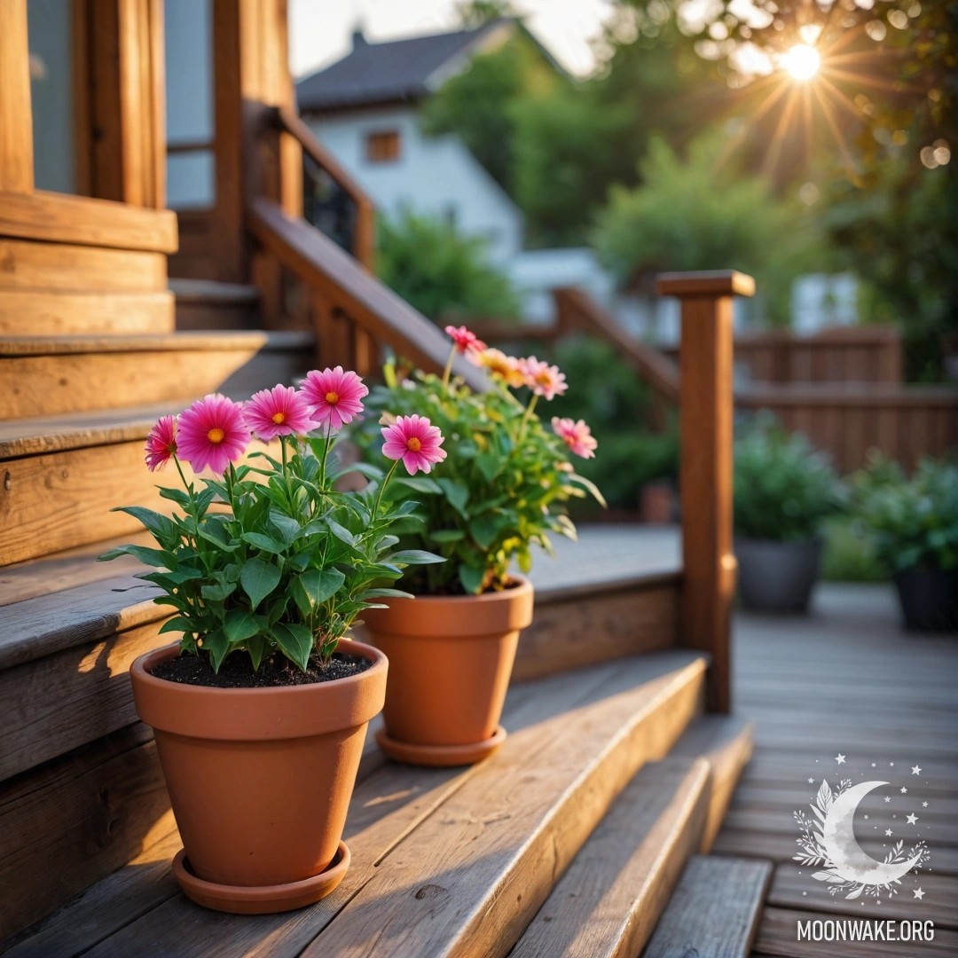 Красивая деревянная лестница, украшенная цветочными горшками на закате.