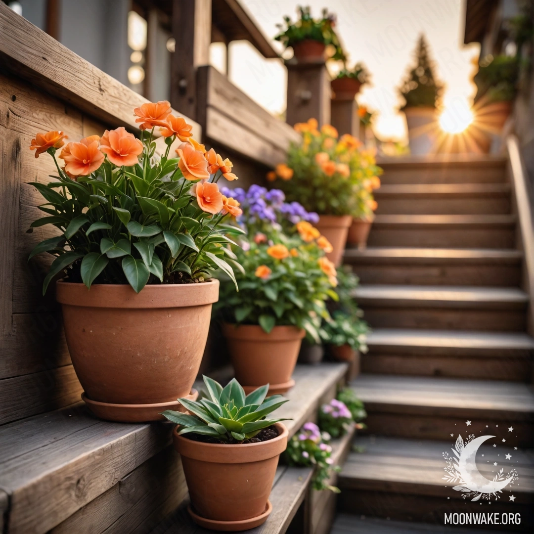 Красивая деревянная лестница, украшенная цветочными горшками на закате.