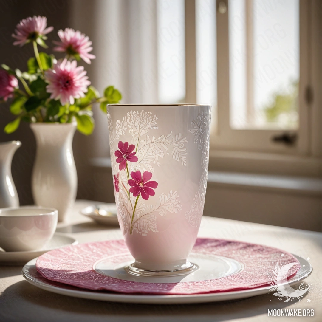 Круглая соломенная салфетка с фарфоровыми чашками и вазой с клевером на солнце.