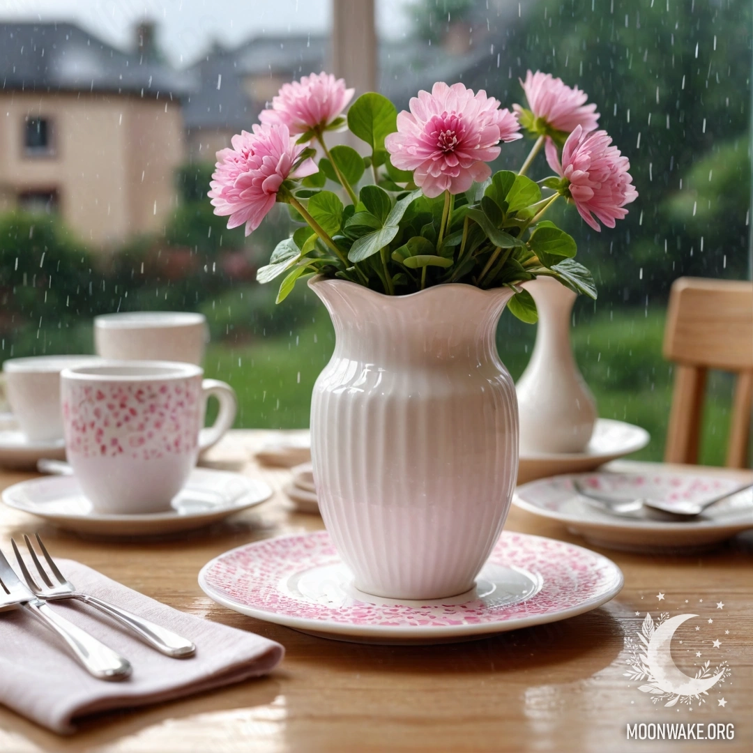 Круглая соломенная салфетка с белыми фарфоровыми чашками с розовым узором, белая ваза с клевером под дождем.