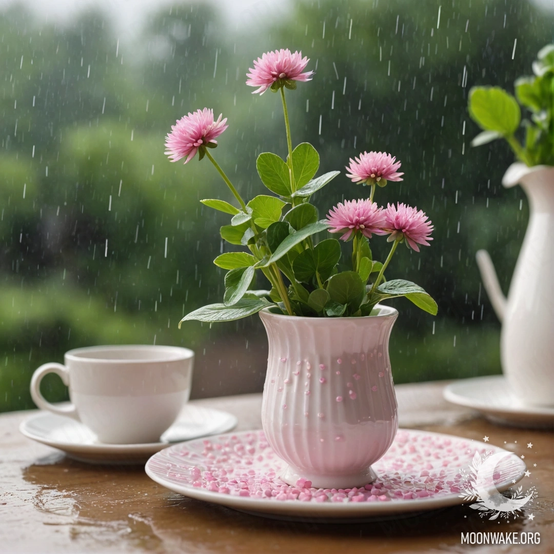 Круглая соломенная салфетка с белыми фарфоровыми чашками с розовым узором, белая ваза с клевером под дождём.