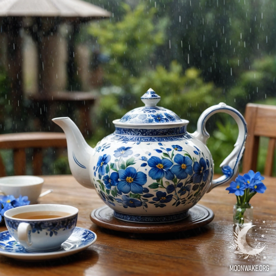 Круглый деревянный стол с фарфоровым чайником, наполненным синими цветами под дождем.