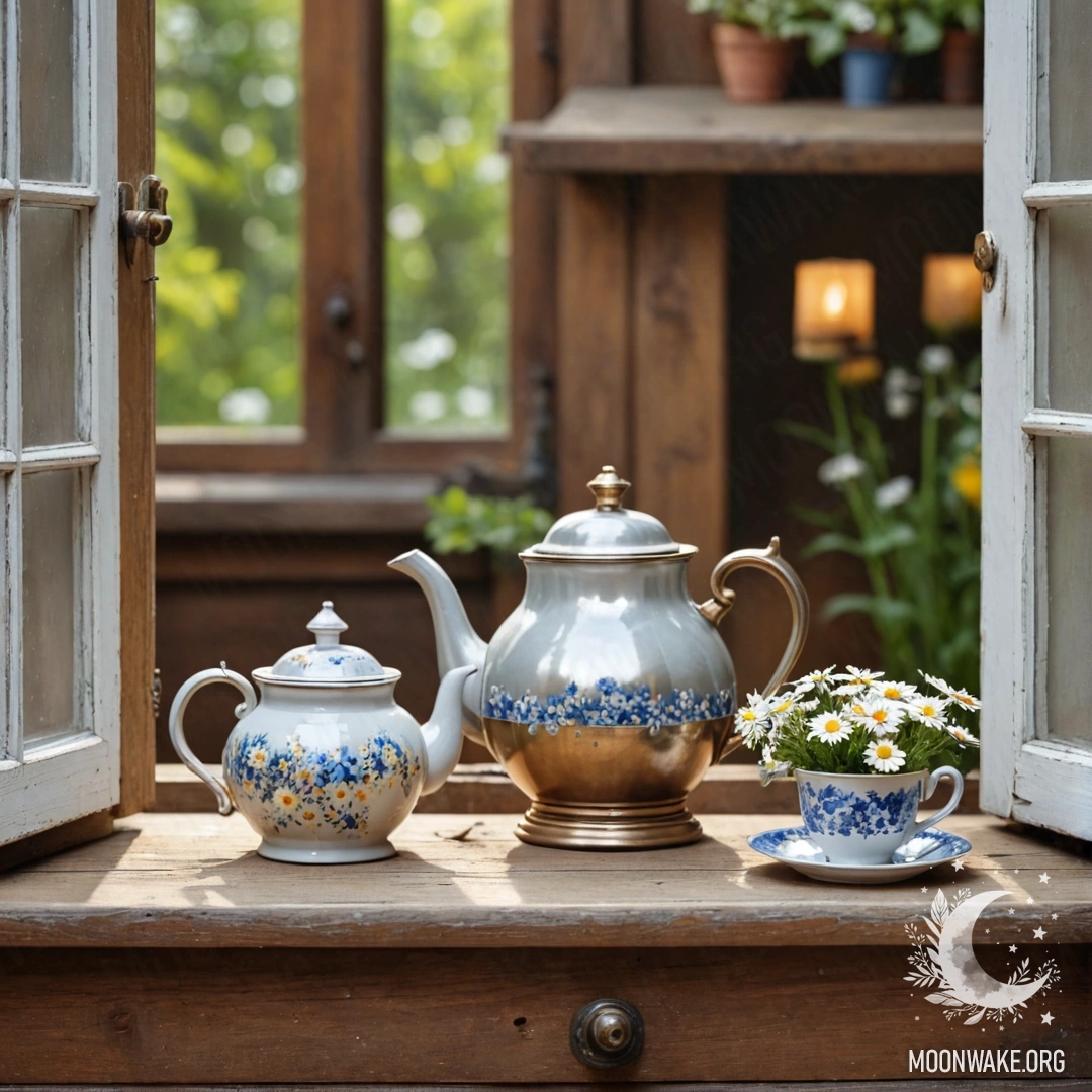 Фотореалистичное изображение металлического чайника с узорами, стоящего на потертой деревянной подоконнике, наполненного ромашками.