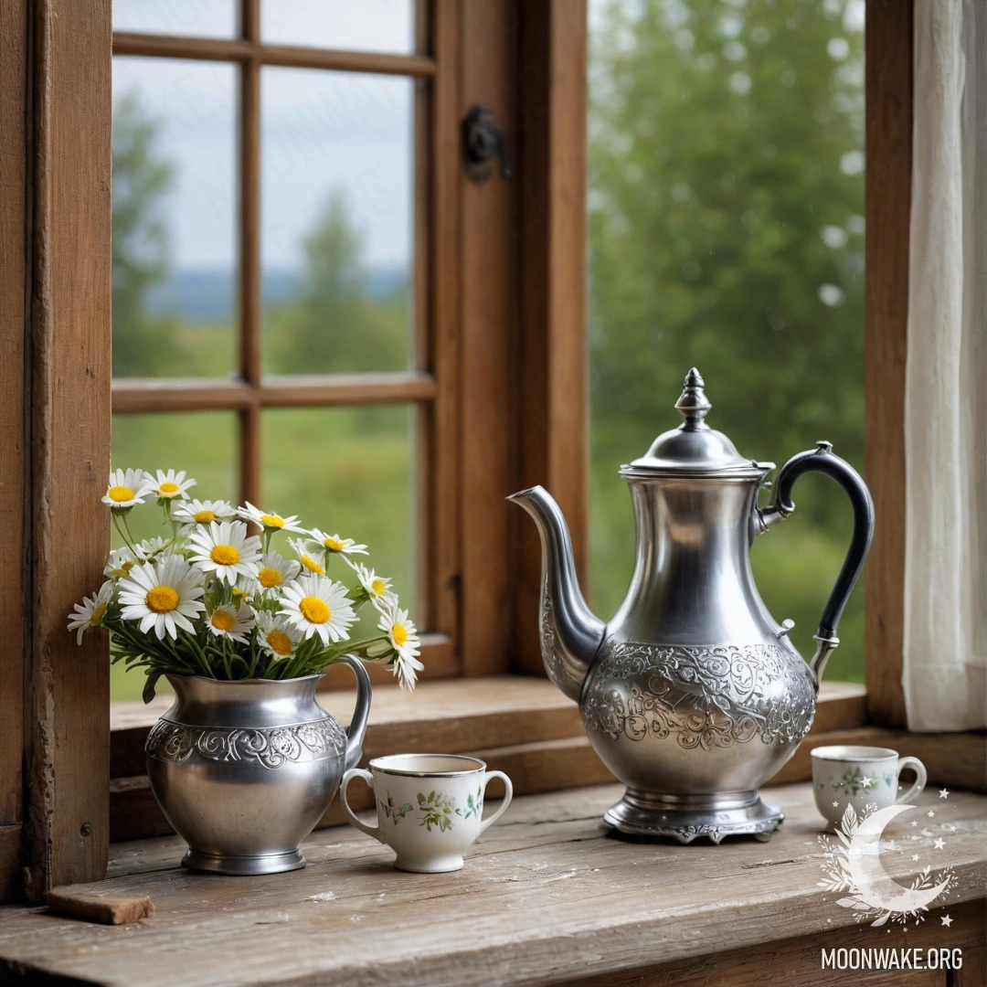 Металлический чайник с узорами, окруженный ромашками на деревянном подоконнике.